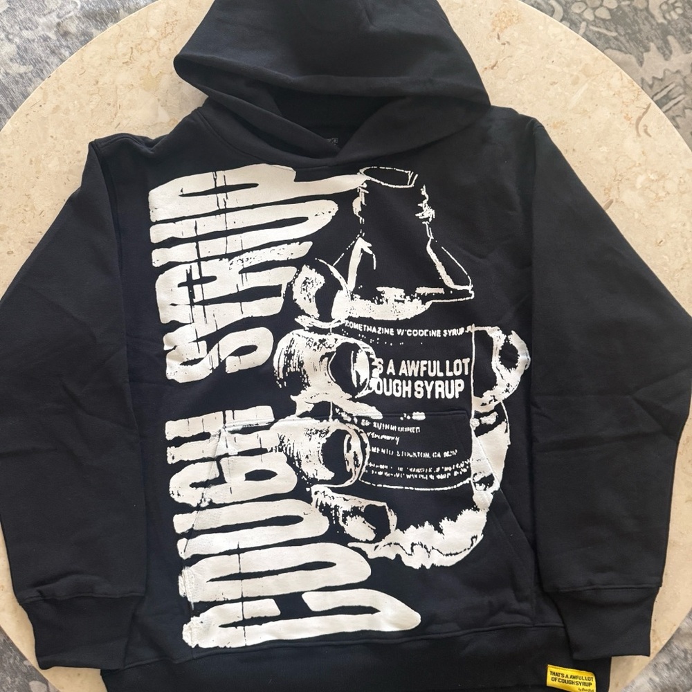Black Graphic Pullover Hoodie with White Print
